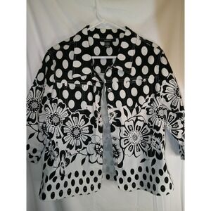 Kak Tus Floral Polka Dot Jacket 3/4 Sleeve Button Up Black‎ White XL